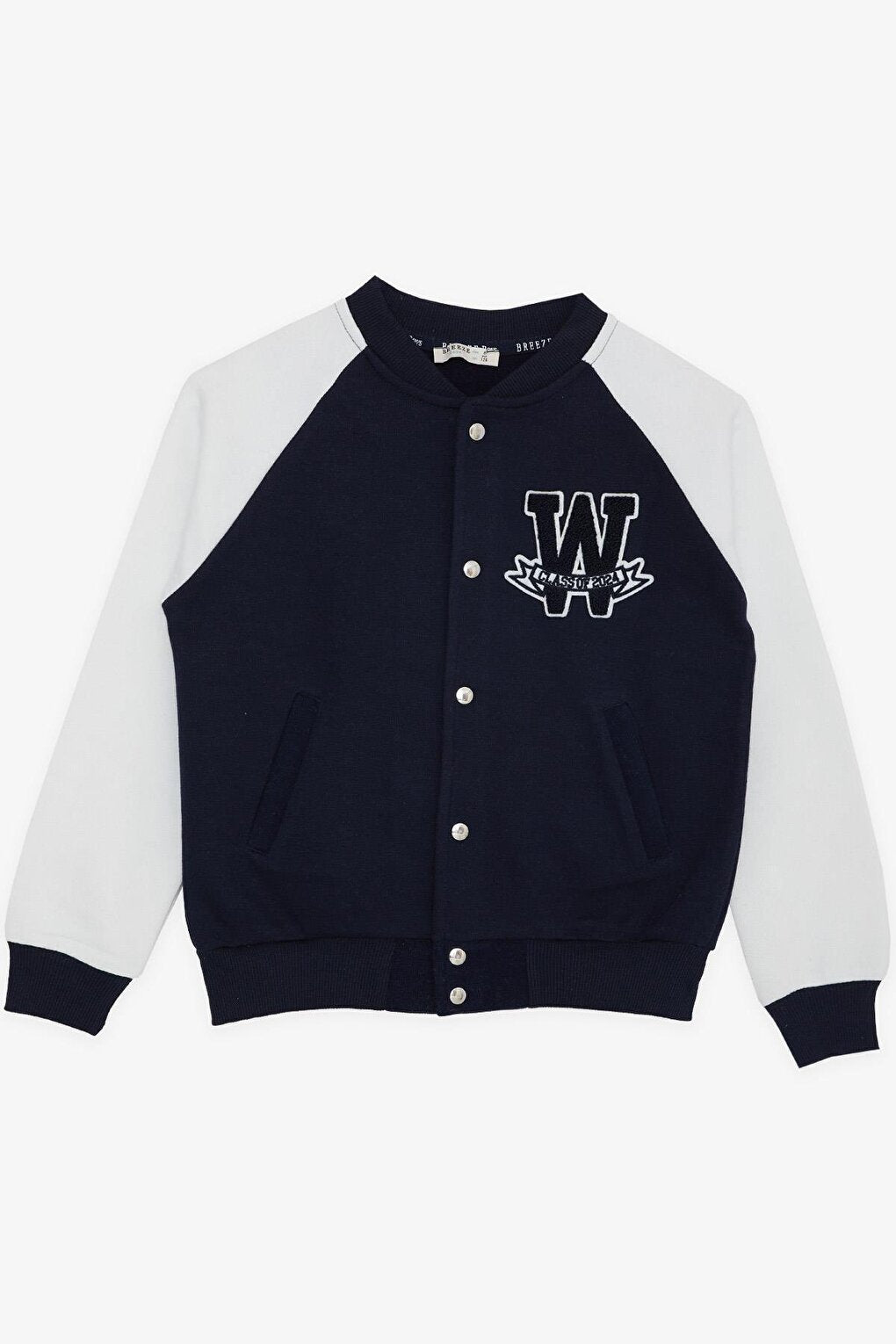 Boy's College Coat with Letter Embroidery and Snap Fasteners Navy Blue (Ages 8-14)