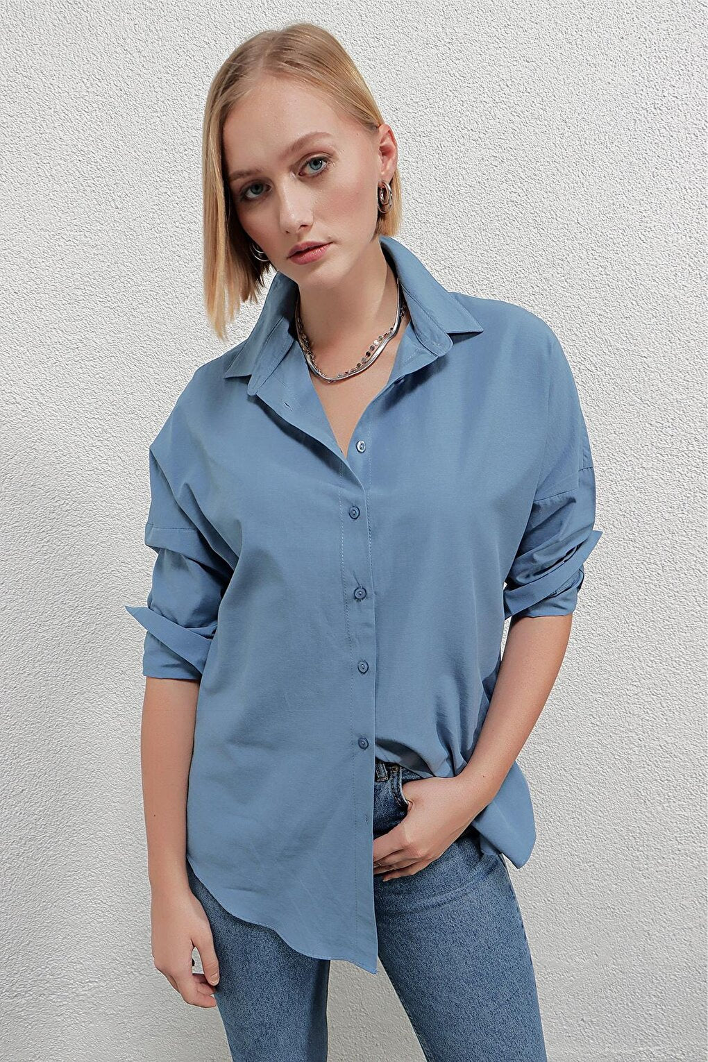 Women's Indigo Blue Oversize Long Basic Shirt HZL22W-BD139001