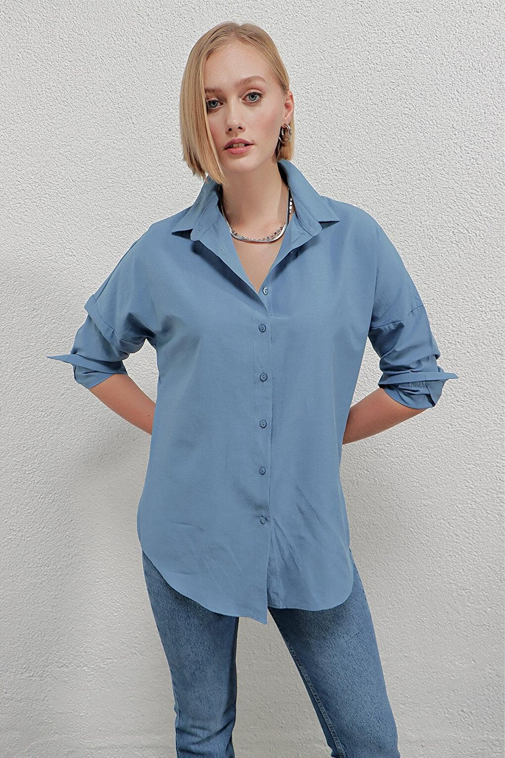 Women's Indigo Blue Oversize Long Basic Shirt HZL22W-BD139001