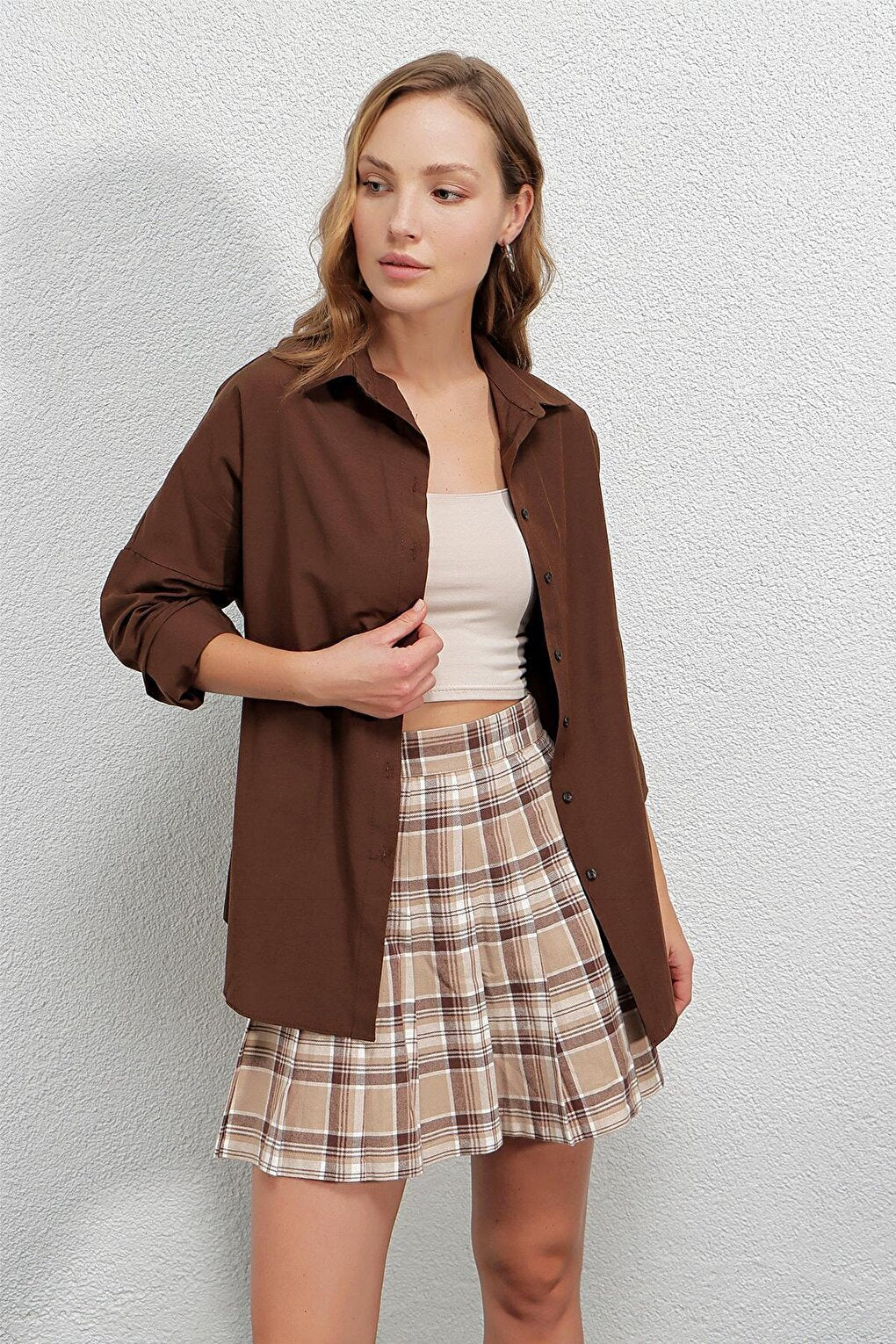 Women's Chocolate Oversize Long Basic Shirt Hzl22w-bd139001