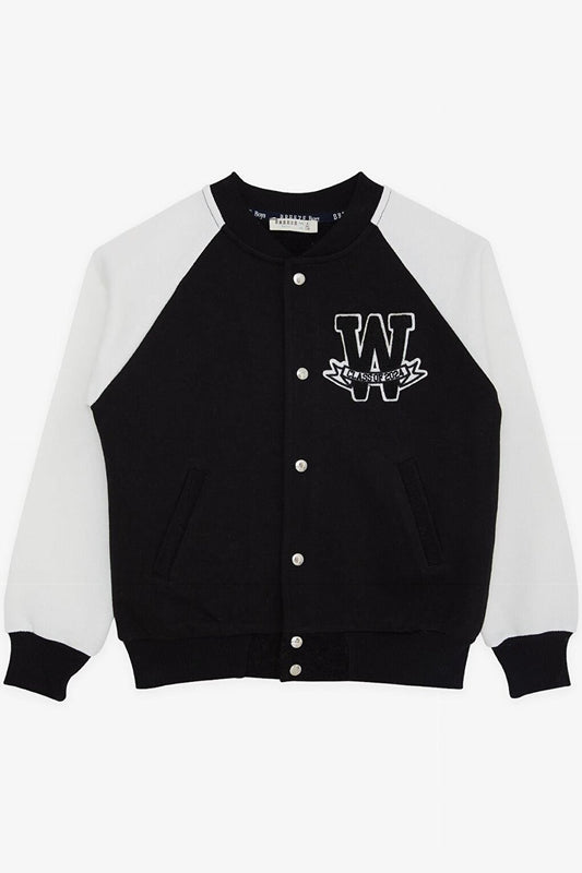 Boy's College Coat Black with Letter Embroidery and Snap Fasteners (Ages 8-12)