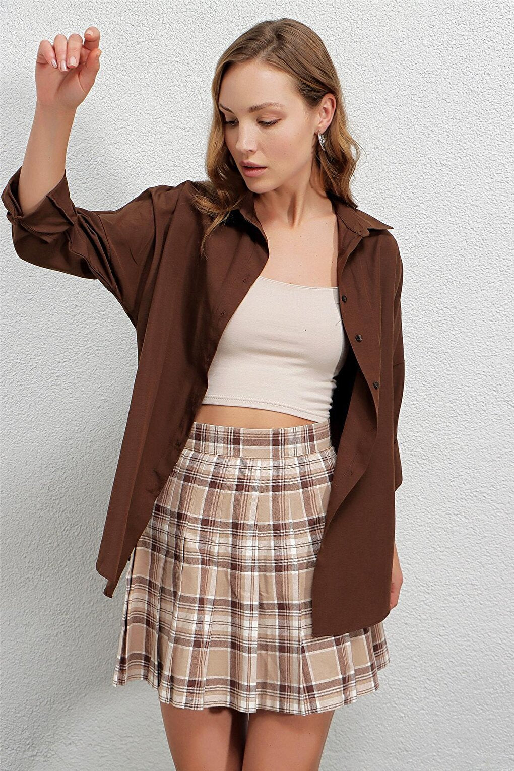 Women's Chocolate Oversize Long Basic Shirt Hzl22w-bd139001