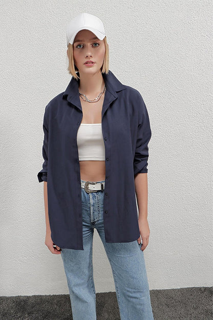 Women's Navy Blue Oversize Long Basic Shirt HZL22W-BD139001