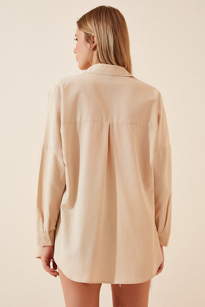 Women's Beige Oversize Long Basic Shirt HZL22W-BD139001