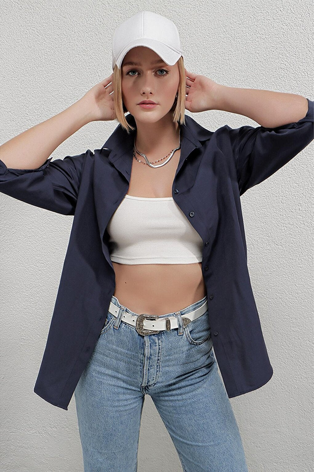 Women's Navy Blue Oversize Long Basic Shirt HZL22W-BD139001