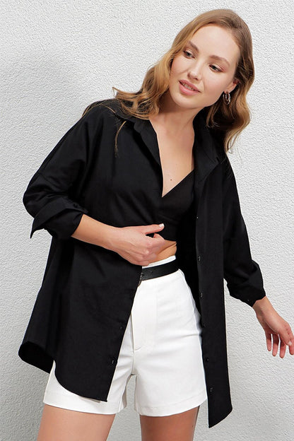 Women's Black Oversize Long Basic Shirt HZL22W-BD139001