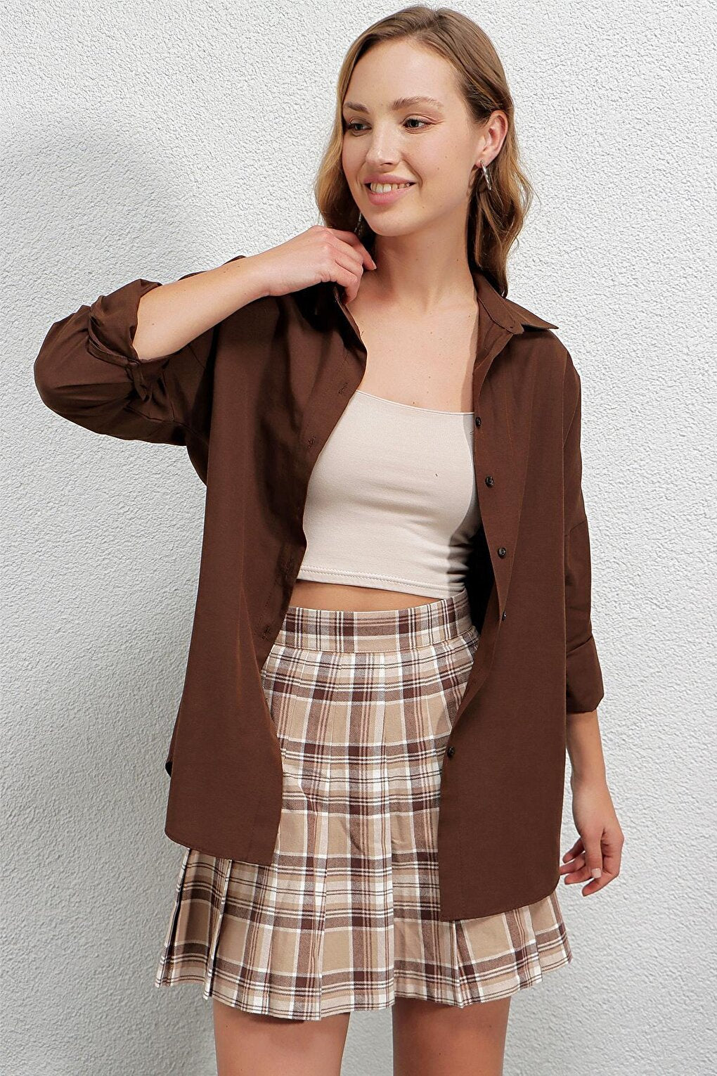 Women's Chocolate Oversize Long Basic Shirt Hzl22w-bd139001