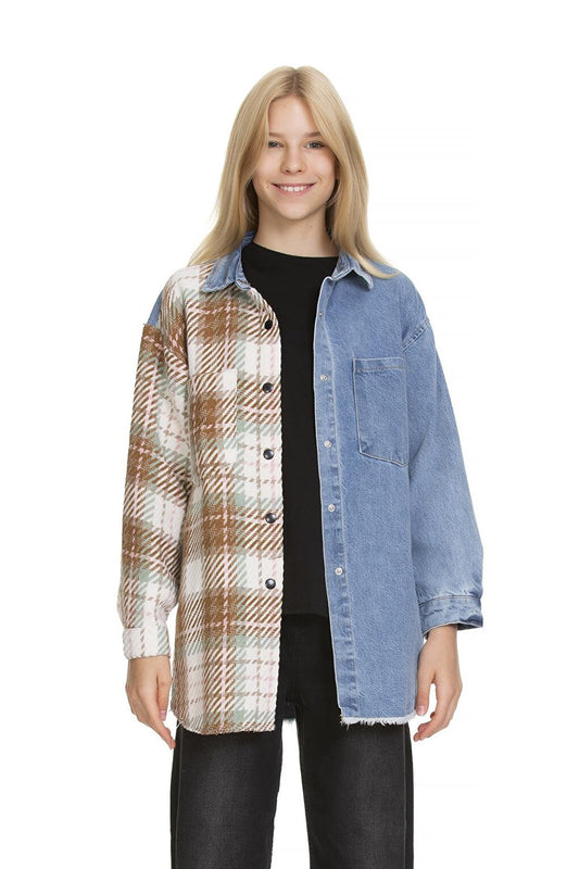 Girl's Plaid Garnished Jean Shirt 9-14 Years Lx165