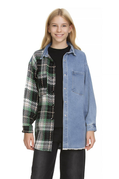 Girl's Plaid Garnished Jean Shirt 9-14 Years Lx165