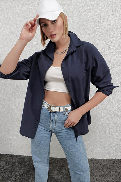 Women's Navy Blue Oversize Long Basic Shirt HZL22W-BD139001