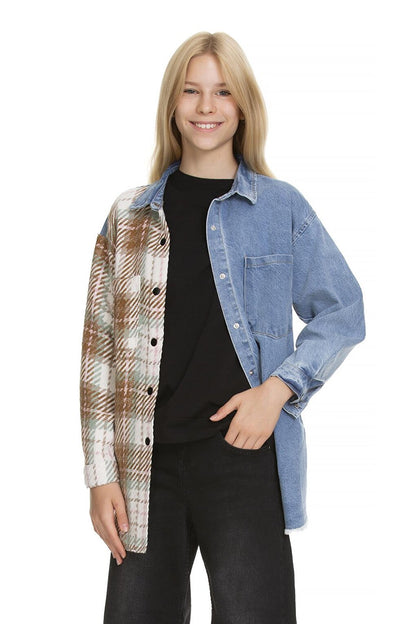 Girl's Plaid Garnished Jean Shirt 9-14 Years Lx165