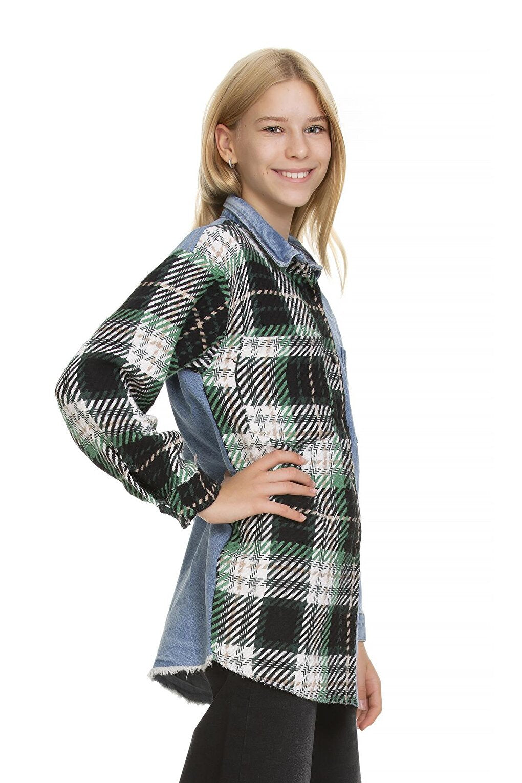 Girl's Plaid Garnished Jean Shirt 9-14 Years Lx165