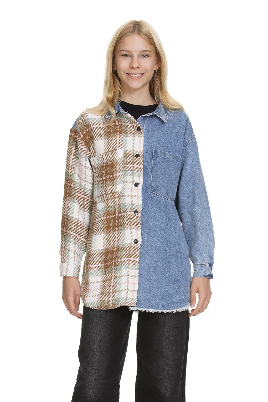 Girl's Plaid Garnished Jean Shirt 9-14 Years Lx165