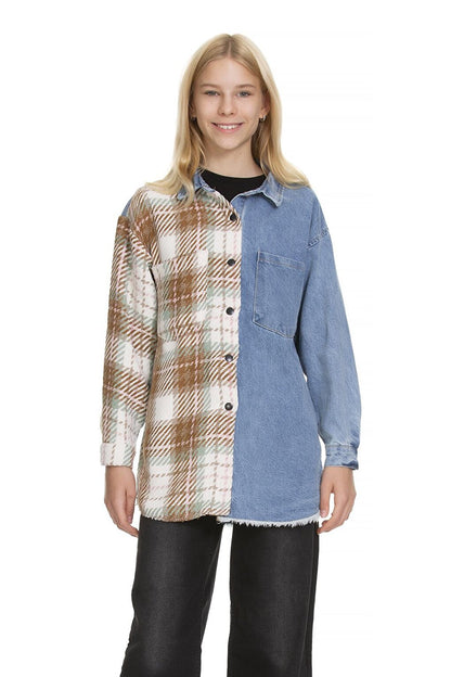 Girl's Plaid Garnished Jean Shirt 9-14 Years Lx165