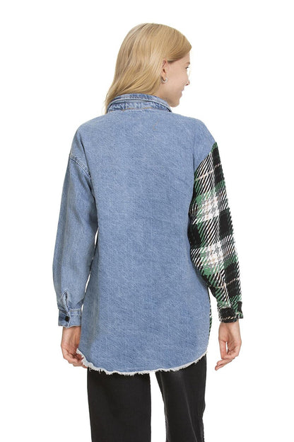 Girl's Plaid Garnished Jean Shirt 9-14 Years Lx165