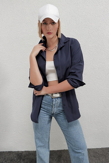 Women's Navy Blue Oversize Long Basic Shirt HZL22W-BD139001