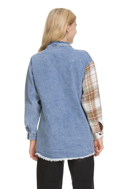 Girl's Plaid Garnished Jean Shirt 9-14 Years Lx165