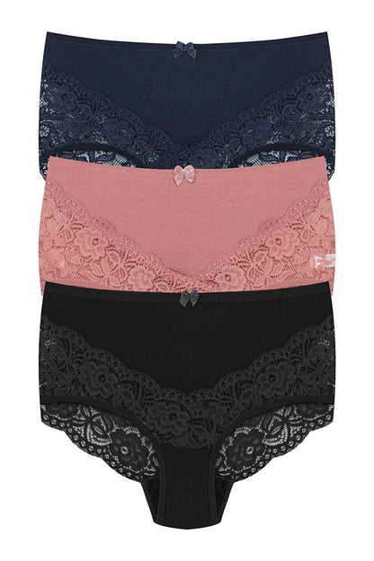 Cotton Back and Front V Lace High Waist Plus Size Women's Panties 3-Piece