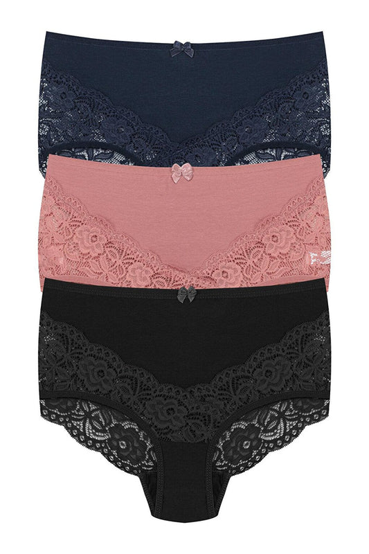 Cotton Back and Front V Lace High Waist Plus Size Women's Panties 3-Piece