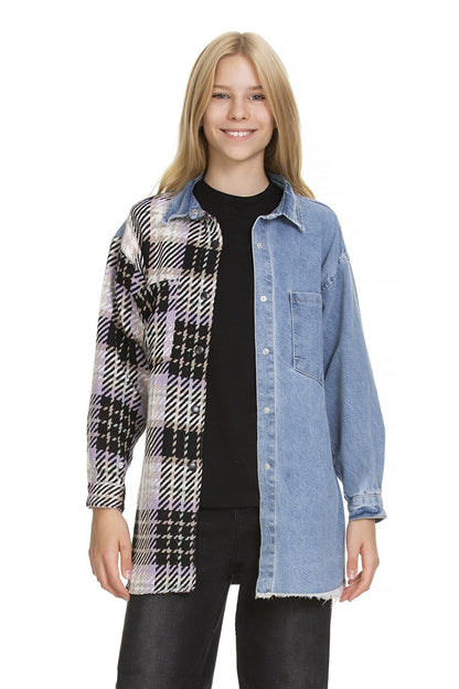 Girl's Plaid Garnished Jean Shirt 9-14 Years Lx165