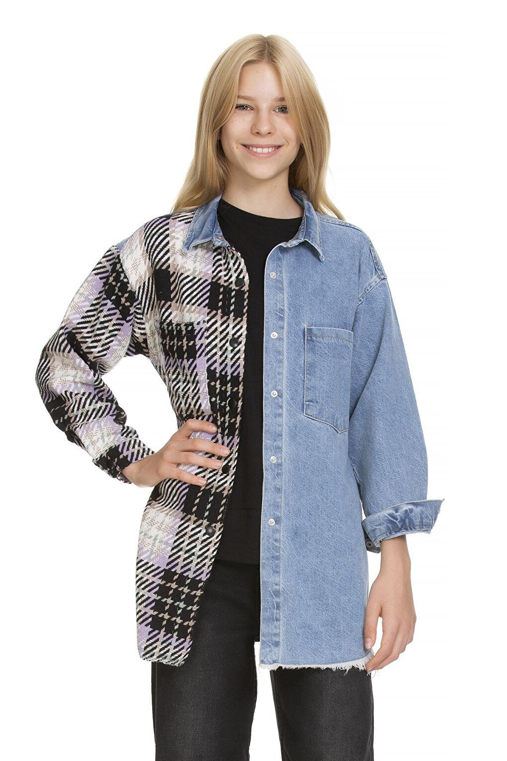 Girl's Plaid Garnished Jean Shirt 9-14 Years Lx165