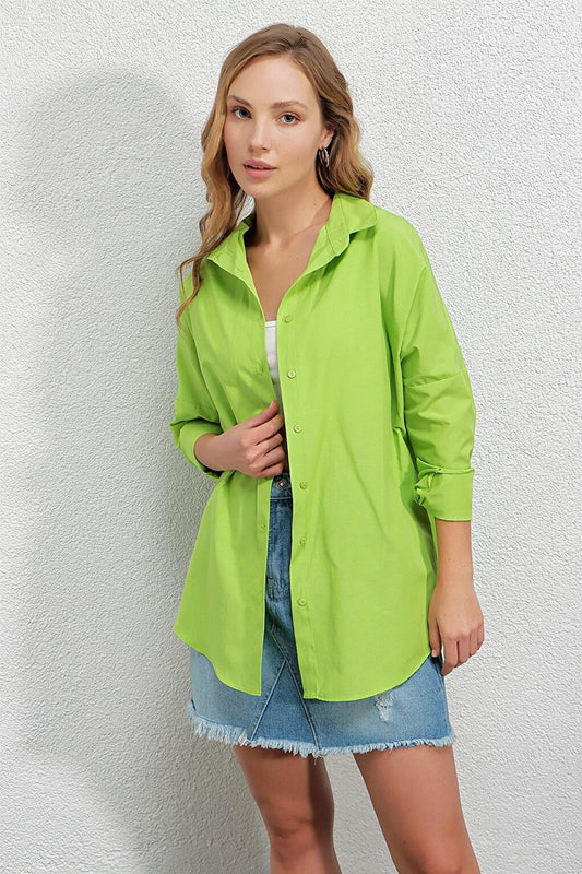 Women's Pistachio Green Oversize Long Basic Shirt HZL22W-BD139001