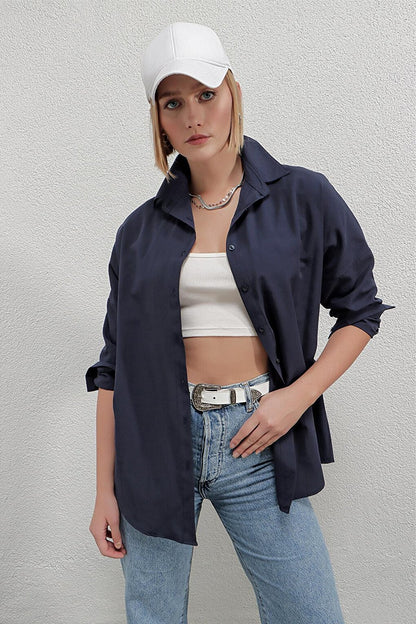 Women's Navy Blue Oversize Long Basic Shirt HZL22W-BD139001