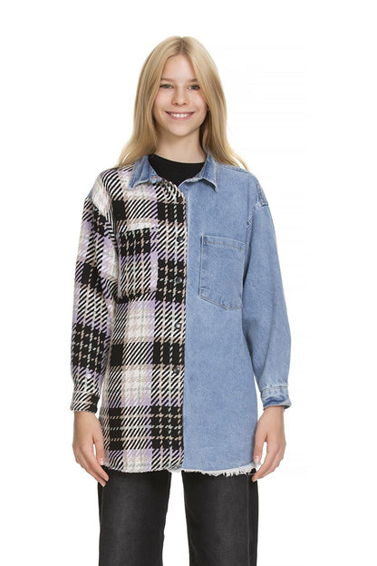 Girl's Plaid Garnished Jean Shirt 9-14 Years Lx165