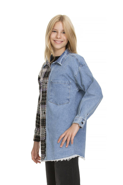 Girl's Plaid Garnished Jean Shirt 9-14 Years Lx165