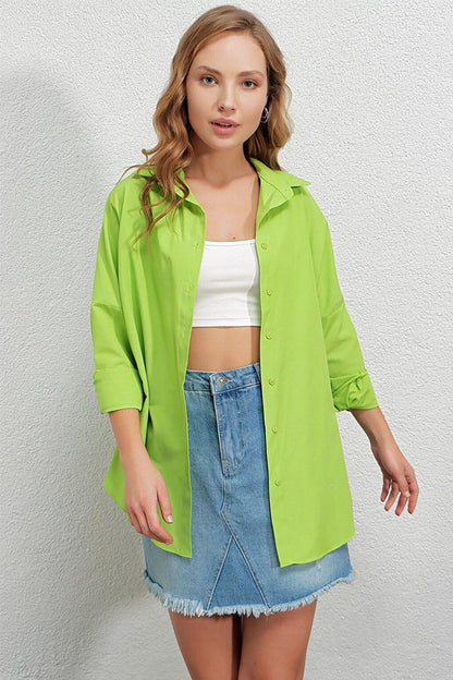 Women's Pistachio Green Oversize Long Basic Shirt HZL22W-BD139001