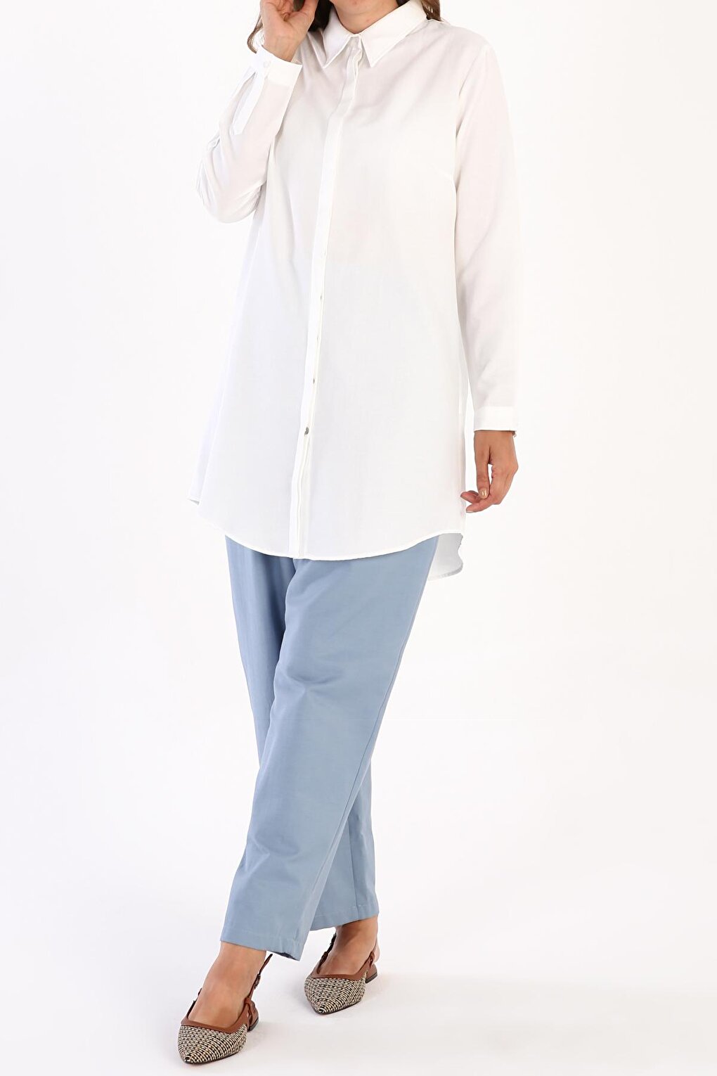 Ecru Hidden Placket Cotton Shirt Tunic