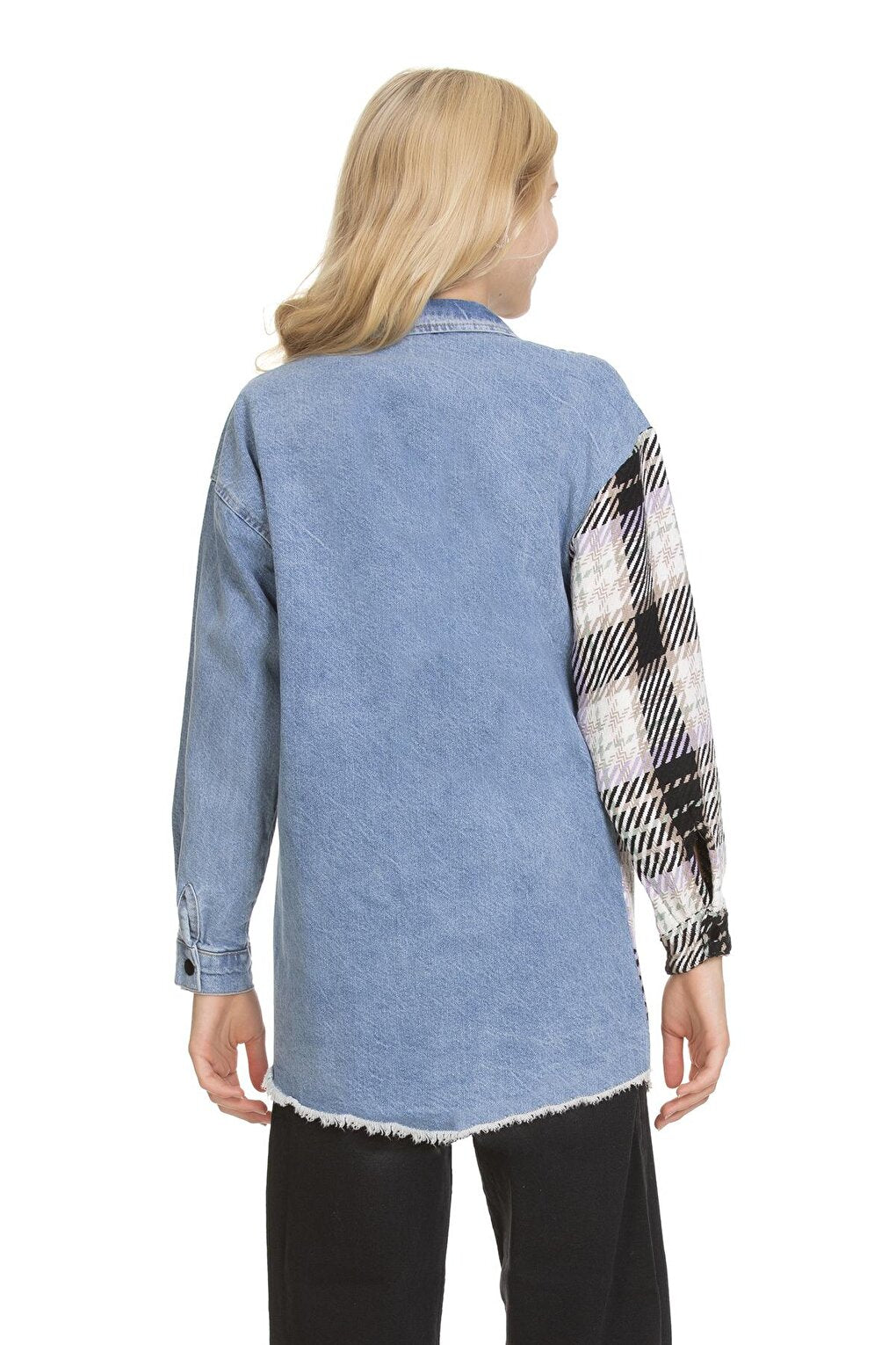 Girl's Plaid Garnished Jean Shirt 9-14 Years Lx165