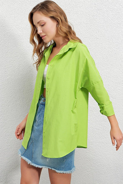 Women's Pistachio Green Oversize Long Basic Shirt HZL22W-BD139001