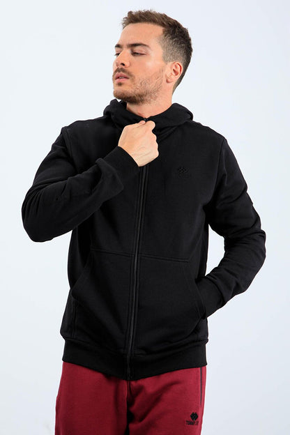 Black Basic Hooded Comfortable Form Embroidery Detailed Zippered Men's Sweatshirt - 88035