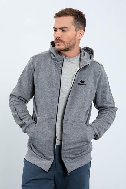 Gray Melange Basic Hooded Comfortable Form Embroidery Detailed Zippered Men's Sweatshirt - 88035