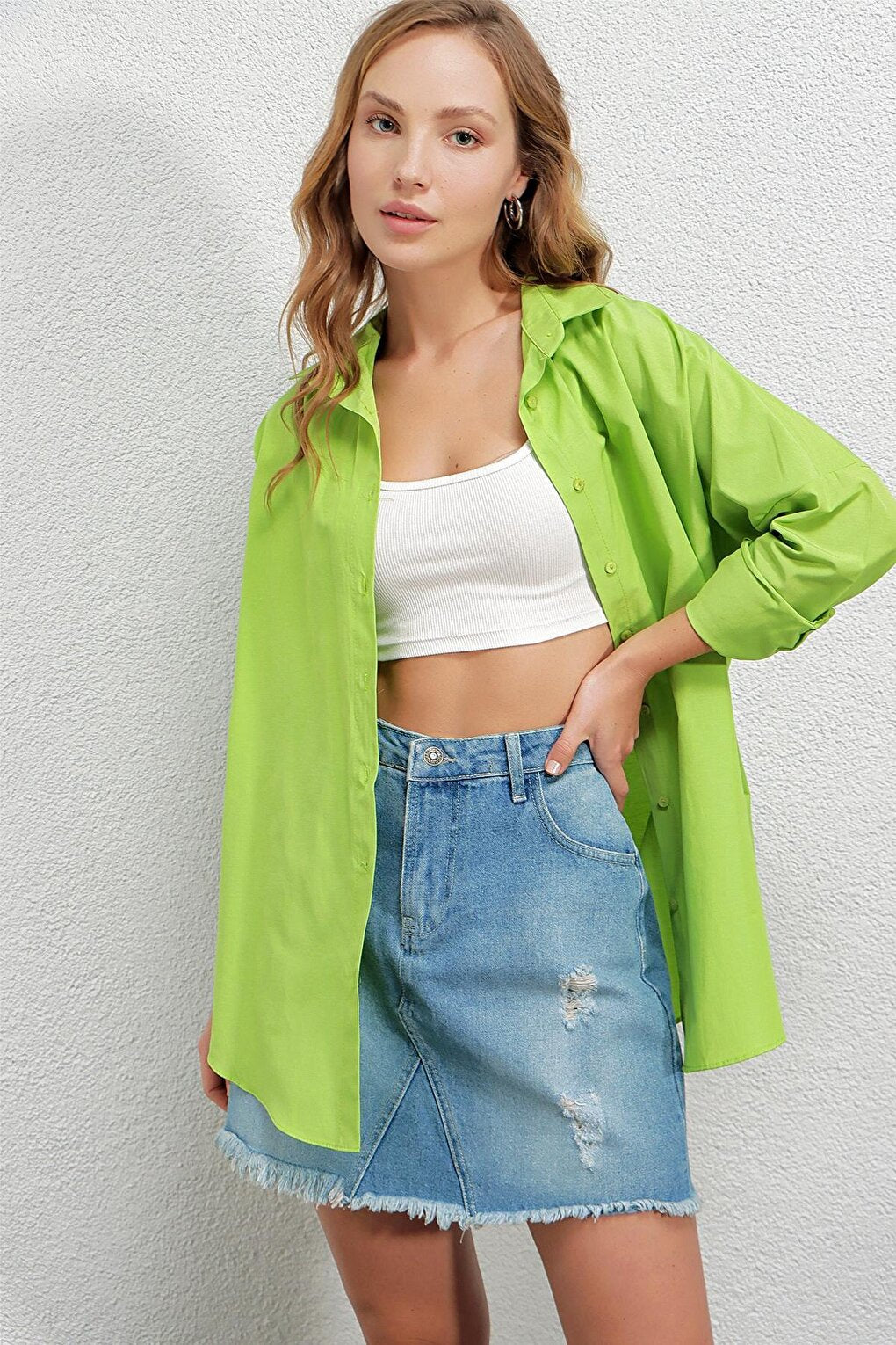 Women's Pistachio Green Oversize Long Basic Shirt HZL22W-BD139001