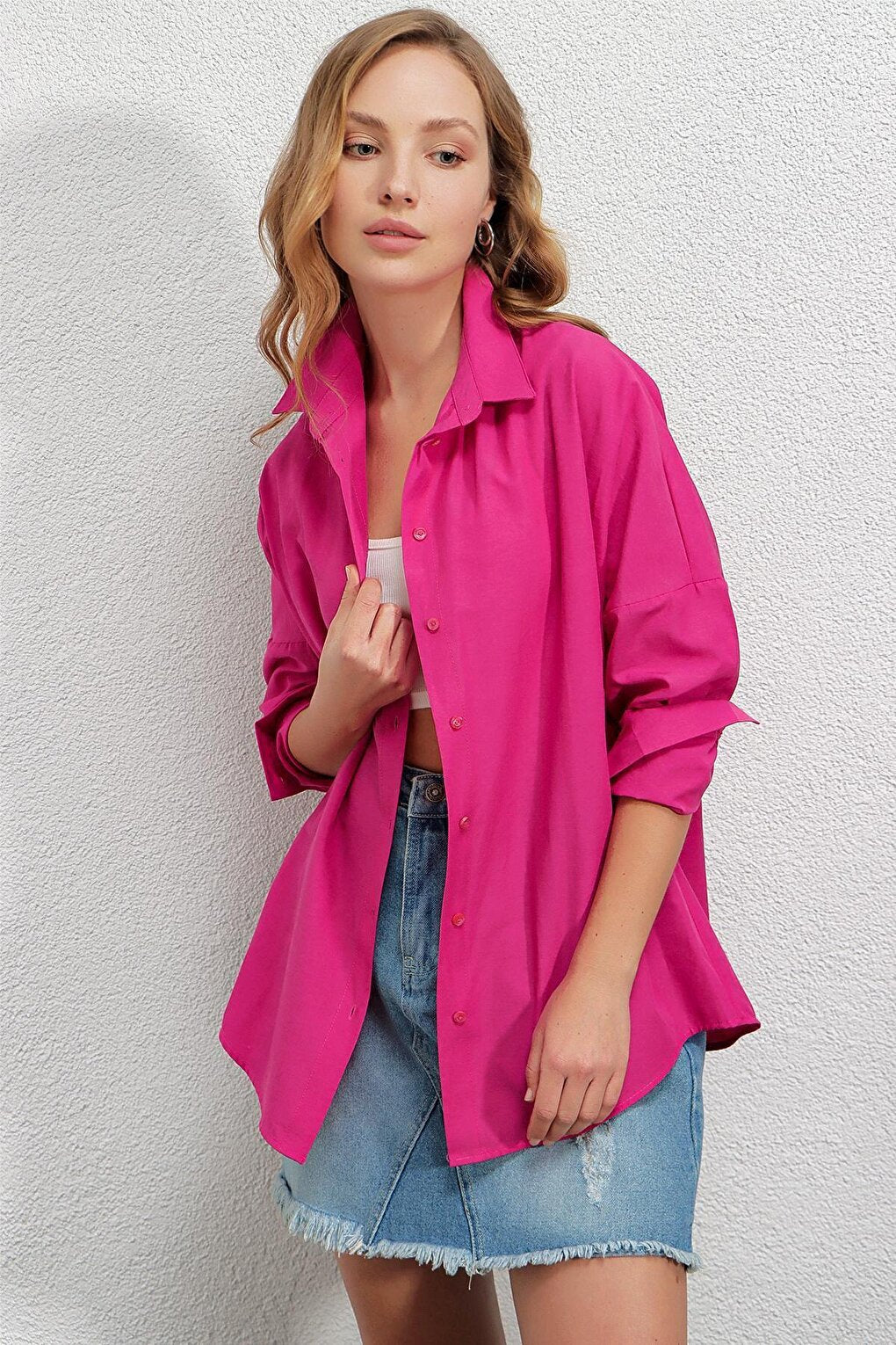 Women's Dark Pink Oversize Long Basic Shirt HZL22W-BD139001