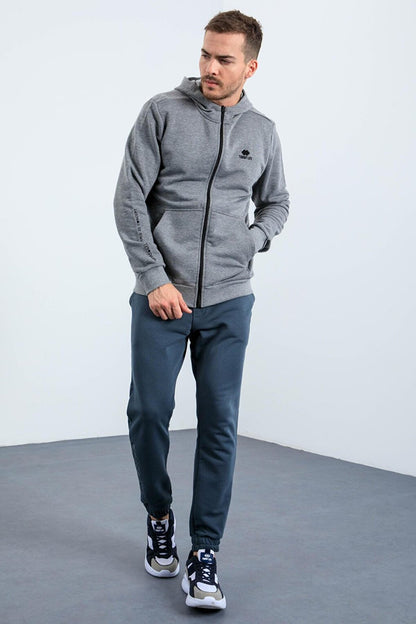 Gray Melange Basic Hooded Comfortable Form Embroidery Detailed Zippered Men's Sweatshirt - 88035