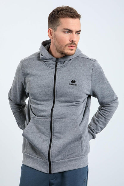 Gray Melange Basic Hooded Comfortable Form Embroidery Detailed Zippered Men's Sweatshirt - 88035