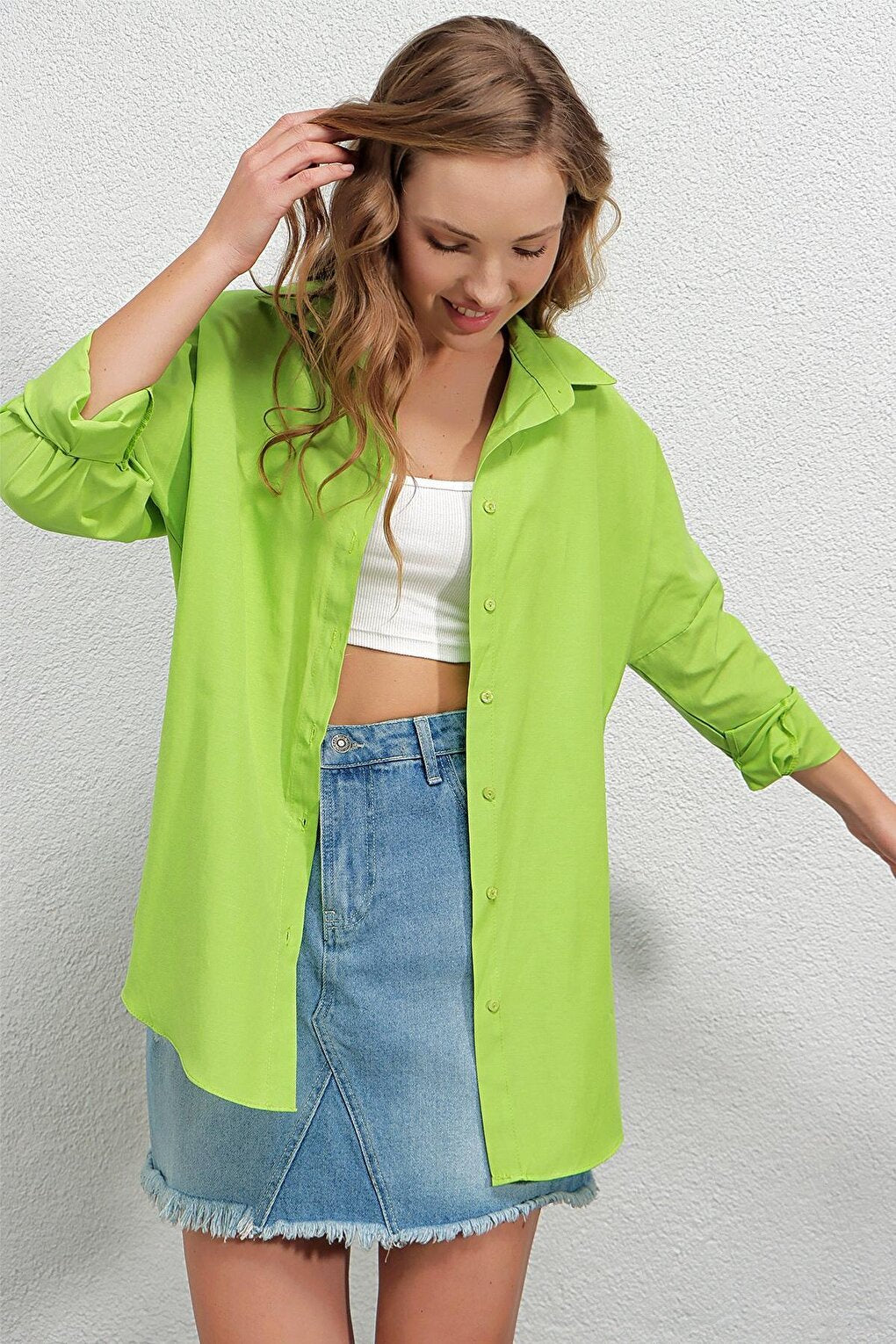 Women's Pistachio Green Oversize Long Basic Shirt HZL22W-BD139001