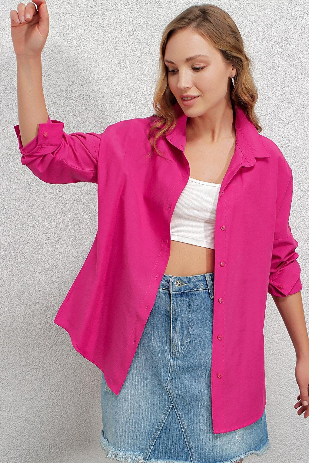 Women's Dark Pink Oversize Long Basic Shirt HZL22W-BD139001