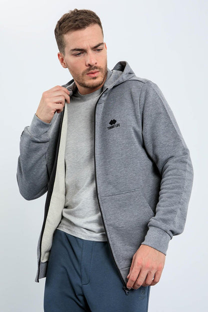 Gray Melange Basic Hooded Comfortable Form Embroidery Detailed Zippered Men's Sweatshirt - 88035