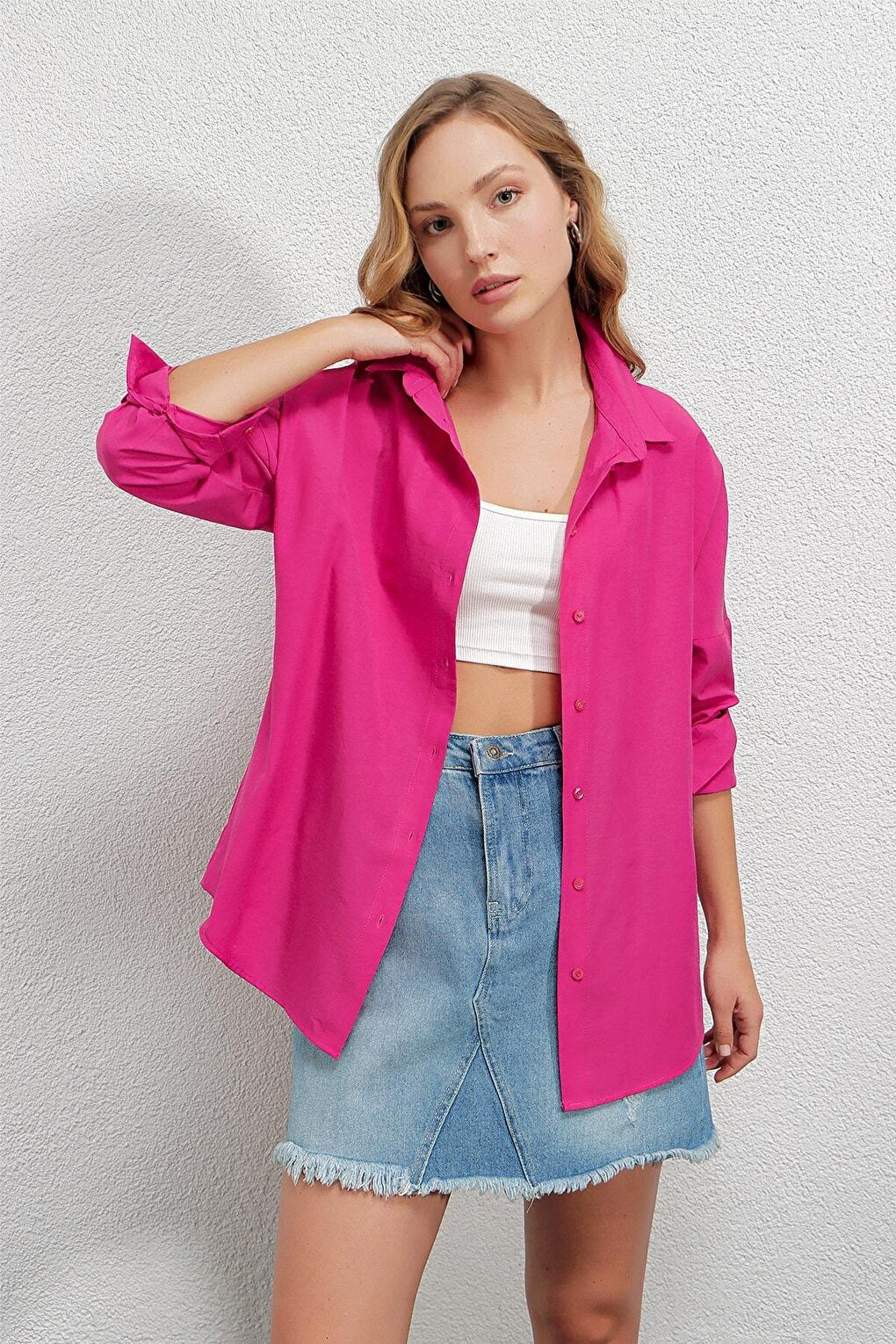 Women's Dark Pink Oversize Long Basic Shirt HZL22W-BD139001