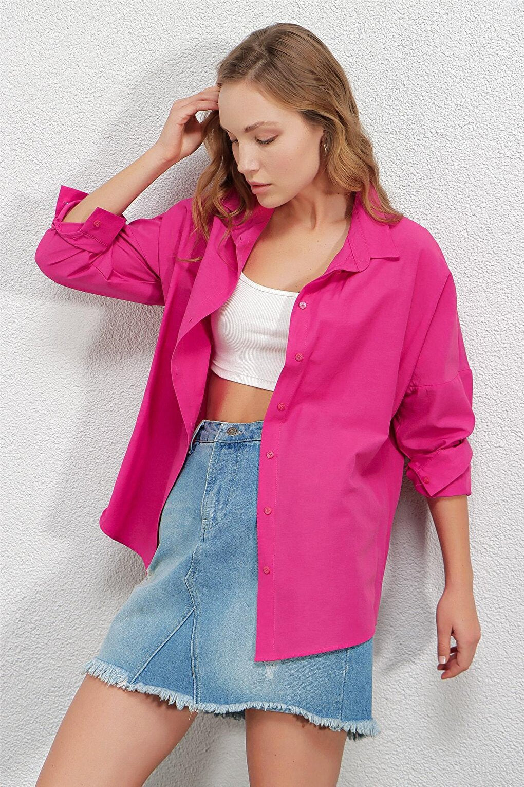 Women's Dark Pink Oversize Long Basic Shirt HZL22W-BD139001