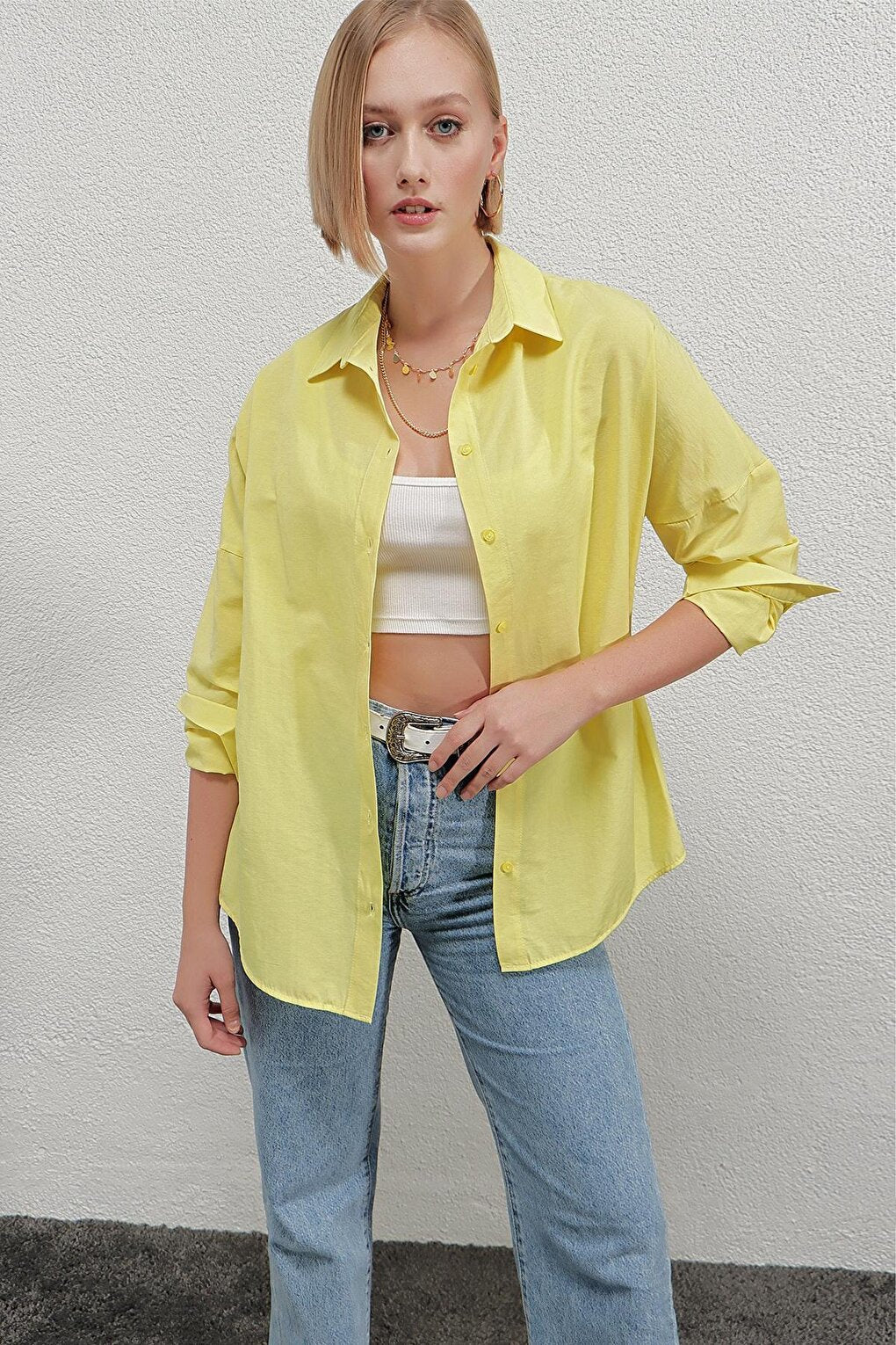 Women's Yellow Oversize Long Basic Shirt Hzl22w-bd139001