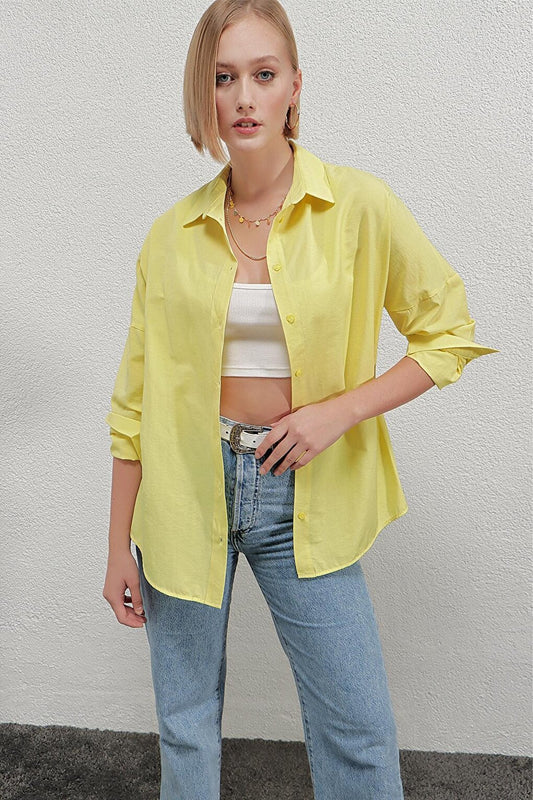 Women's Yellow Oversize Long Basic Shirt Hzl22w-bd139001