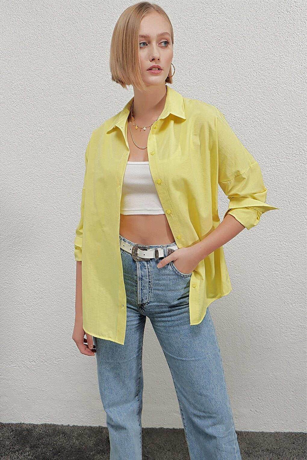 Women's Yellow Oversize Long Basic Shirt Hzl22w-bd139001