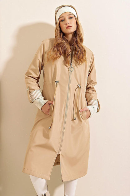 9091 Gathered Waist Hooded Trench Coat - Beige