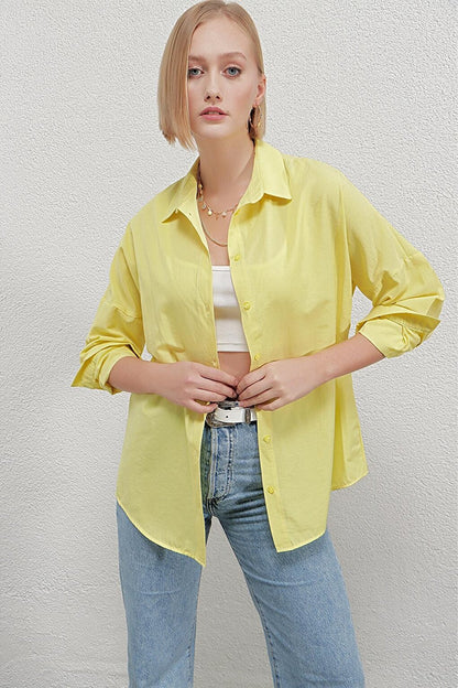 Women's Yellow Oversize Long Basic Shirt Hzl22w-bd139001