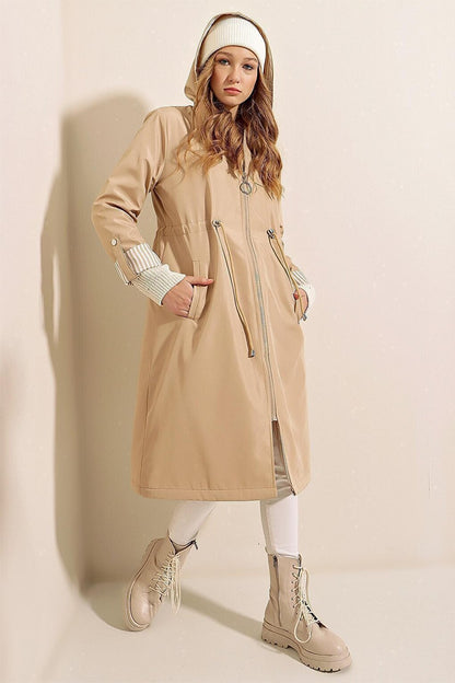 9091 Gathered Waist Hooded Trench Coat - Beige